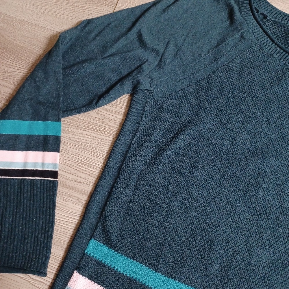 T by Talbots Deep Teal Waffle Knit Stripe Detail Jewel Neck Tunic Sweater - Picture 3 of 12